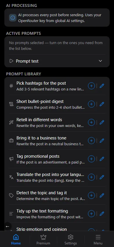 Active prompts of a source and the prompt library.