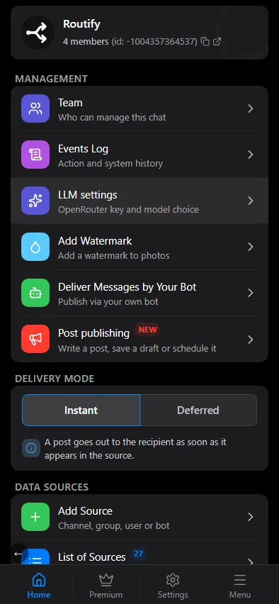 Management, delivery mode and your own bot