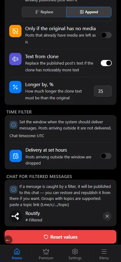 The time filter with days, a delivery period and schedules.