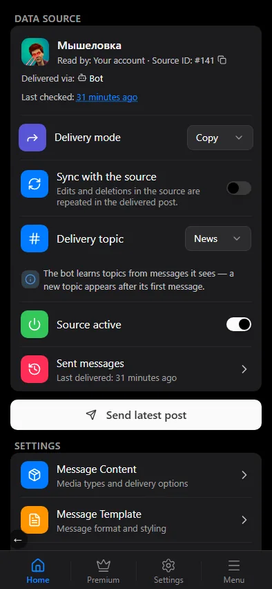 A source card: the "Read by" and "Delivered via" lines, the delivery mode, sync with the source, the delivery topic.