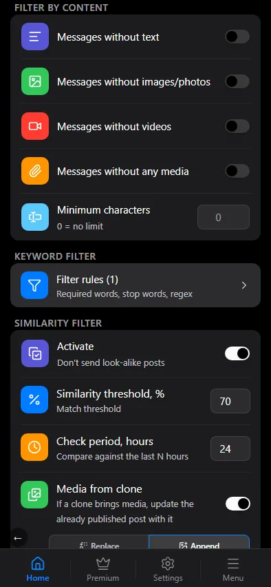 Content filters and the entry to keyword rules.