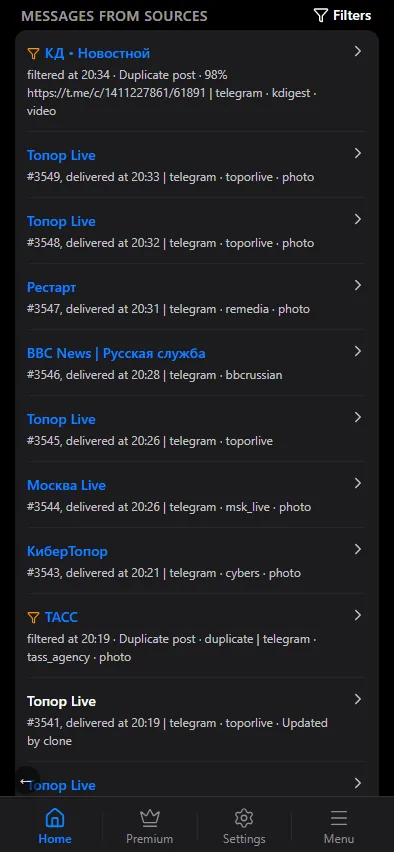 The history of a chat with its filters.