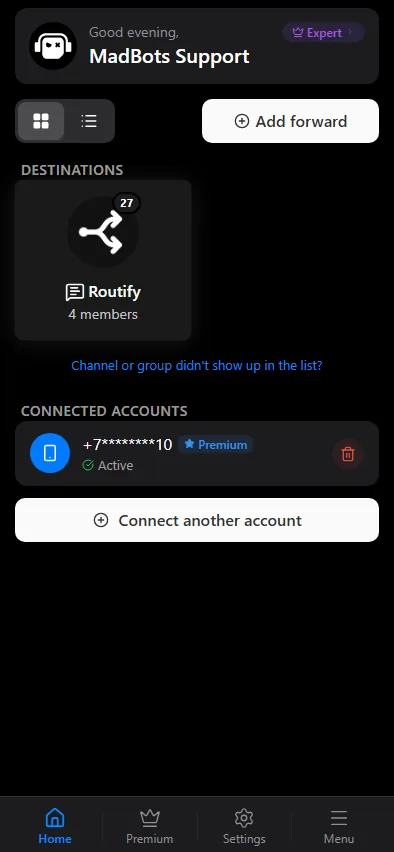 The home screen with destination chats