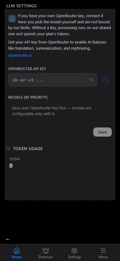 OpenRouter key, model priority and token usage.