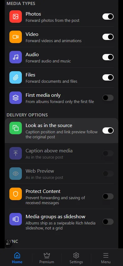 Message Content: media types and delivery options.