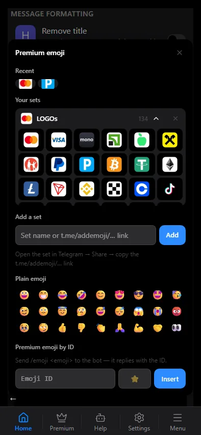 The emoji window: sets, plain ones and by id