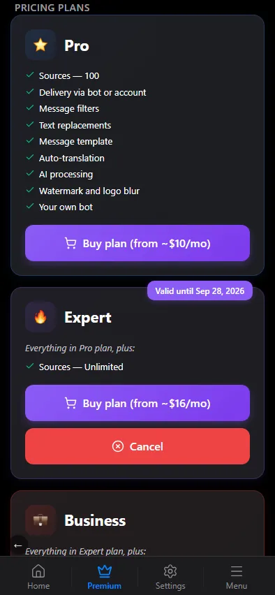 Plans in the mini app.