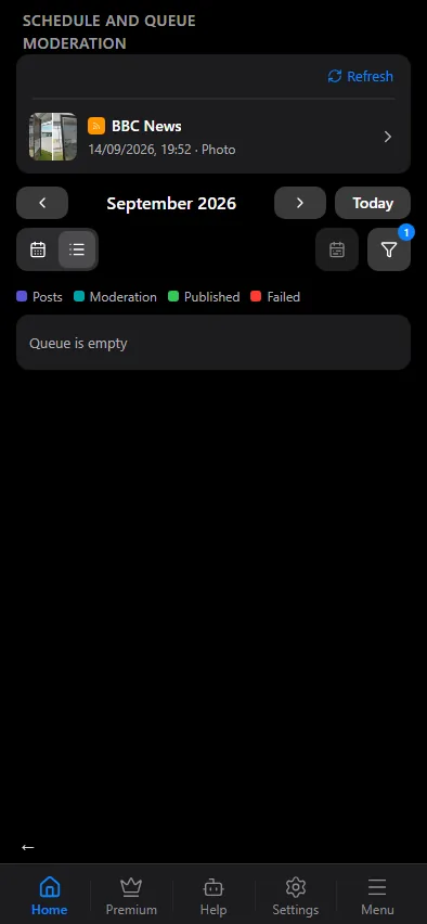The list with a type filter