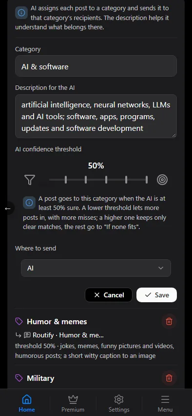A category: name, description for AI, threshold, topic