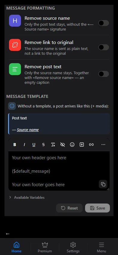 The template editor and the variables.